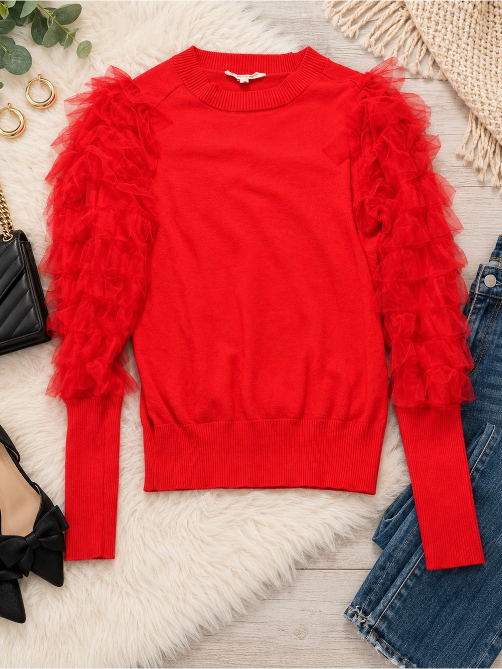 Vine & Love Red Tulle Ruffle Sleeve Statement Sweater Women’s